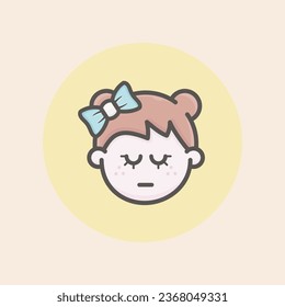 Cute caucasian girl face avatar icon with brown hair, two hair bows, blue ribbon, disappointed mood, freckles and yellow background filled iconic vector line art.