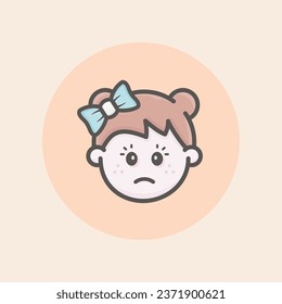 Cute caucasian girl face avatar icon with brown hair, two hair bows, orange ribbon, annoyed mood, freckles and orange background filled iconic vector line art.