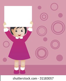 A cute Caucasian girl is holding a banner over her head. She is standing in a room with pink floor and walls decorated with circles