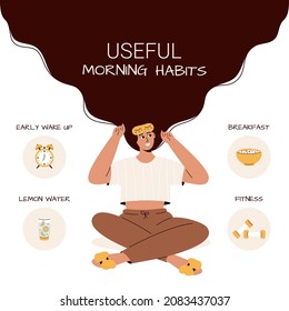 Cute caucasian girl with long hair, sleeping mask and elements for morning routine:lemon water,weights, muesli, alarm clock.Woman in pajama thinking about how to start her day.White background.