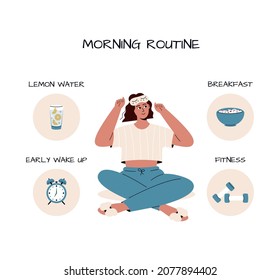 Cute caucasian girl with sleeping mask and elements for morning routine:lemon water,weights, muesli, alarm clock, toothpaste.Girl thinking about how to start her day.Woman in cute pajama.Good morning.