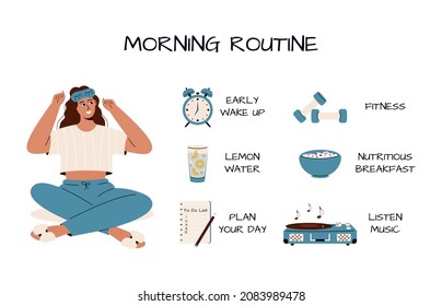 Cute caucasian girl with sleeping mask and elements for morning routine:water,weights, muesli, alarm clock,to do list.Happy young woman making morning stretch. Daily morning routine. White background.