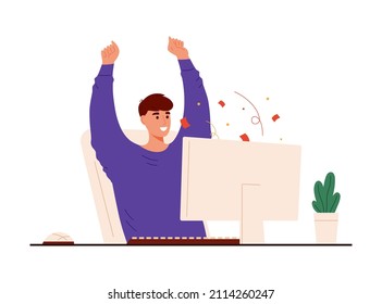 Cute caucasian teen boy receive acceptance letter from university. Teenager boy receive good news via email. Teenager celebrating his accepting to university. Winning concept. Isolated on white.