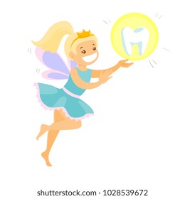 Cute caucasian white blonde tooth fairy with wings flying with tooth. Young tooth fairy in blue dress and crown carrying tooth. Vector cartoon illustration isolated on white background. Square layout.