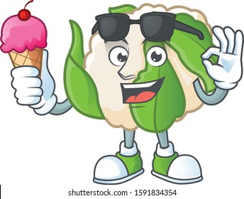 Cute cauliflower cartoon character with ice cream
