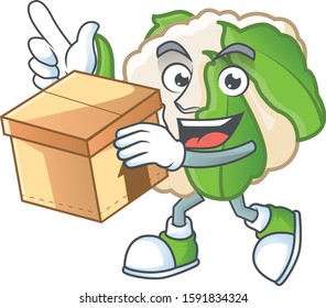Cute cauliflower cartoon character style holding a box
