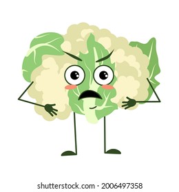 Cute cauliflower character with angry emotions, face, arms and legs. The funny or grumpy food hero, green vegetable, cabbage