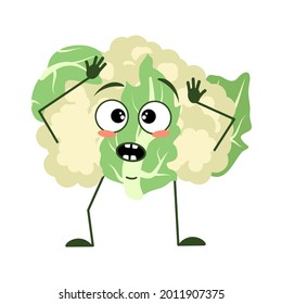 Cute cauliflower character with emotions in a panic grabs his head, face, arms and legs. The funny or sad green food, vegetable cabbage