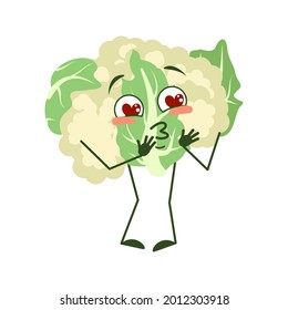 Cute cauliflower character falls in love with eyes hearts, kiss face, arms and legs. The funny or smile emotions of vegetable cabbage