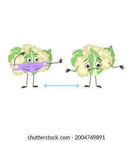 Cute cauliflower characters with emotions, face and mask keep distance, arms and legs. The funny or sad hero, green vegetable cabbage with eyes