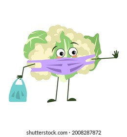 Cute cauliflower characters with emotions, face and mask keep distance, hands with shopping bag and stop gesture. A sad hero, a vegetable cabbage with eyes