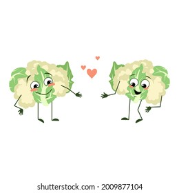 Cute cauliflower characters with love emotions, smile face, arms and legs. The funny or happy green food heroes with hearts, vegetable cabbage fall in love