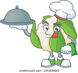 Cute cauliflower as a Chef with hat and tray cartoon style design