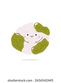 Linda coliflor con cara y manos. Personaje de dibujos animados de verduras divertidas. Ilustración vectorial