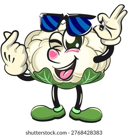 cute cauliflower mascot character opening sunglasses while giving a sign of love smiling, fresh vegetable cartoon vector illustration isolated on transparent background, work of hand drawn