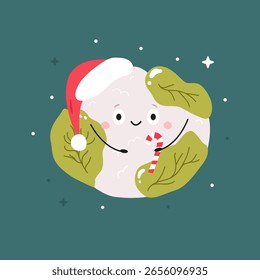 Couve-flor bonita em Santa Hat com Vara de Doce. Engraçado Natal Ilustração Vetor