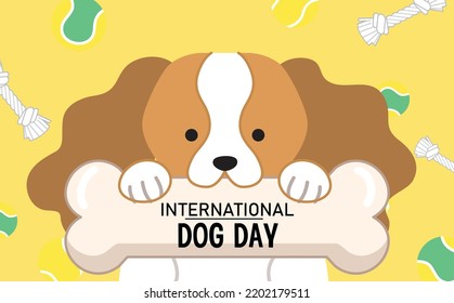 Cute cavalier rey charles perro sosteniendo hueso. Día Internacional del perro o celebración mundial del día del perro pancarta o afiche vectorial ilustración. 