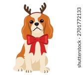 Cute Cavalier King Charles Spaniel dog in Christmas reindeer antlers headband and red bow. Festive puppy vector illustration isolated on white background.