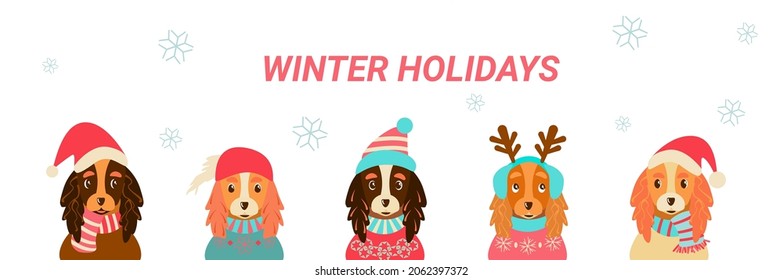 Los perros de Cute Cavalier King Charles Spaniel están vestidos con disfraces navideños. Perros con sombreros graciosos cuernos de ciervo, sombrero de Santa. Cartel horizontal de las vacaciones de invierno. Ilustración vectorial en un estilo de caricatura plano