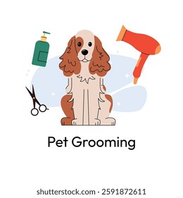 Cute Cavalier King Charles Spaniel sits with grooming tools like scissors, shampoo, and a hairdryer. Stylish and clean design for pet salons. Vector illustration