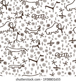 cute cave drawings hand drawn vector seamless pattern  consisting animals ans symbols