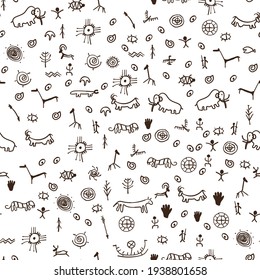 cute cave drawings hand drawn vector seamless pattern  consisting animals   symbols