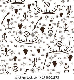 cute cave drawings hand drawn vector seamless pattern  consisting people  arrows  boats   symbols