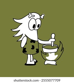 Cute caveman character with a bone in his hair and stirring a pot with food over the fire with a spoon. Basic cartoon style hand drawn vector illustration.