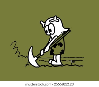 Cute caveman character plowing the land. Prehistoric agriculture. Basic cartoon style hand drawn vector illustration.