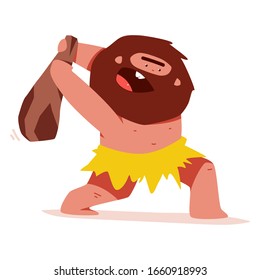 Cute caveman with wooden weapon vector cartoon character isolated on a white background.
