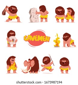 Cute cavemen vector cartoon characters set isolated on a white background.