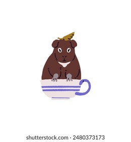 Cute cavy sitting in cup. Fluffy guinea pig with leaf on its head is in mug. Adorable rodent posing in teacup. Amusing domestic animal, pet. Hand drawn flat isolated vector illustration on white