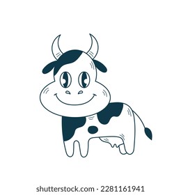 Cuto garabato. Alegre personaje de vaca visto con gorrona y sonriente. Graciosa ilustración infantil vectorial para niños y productos lácteos