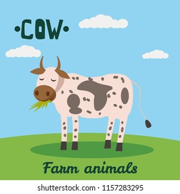 Cute Caw farm animal character, farm animals, vector illustration on field background. Cartoon style, isolated