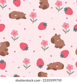 Cute caybara , strawberry and pink hearts, seamless pattern . Vector illustration for kids and Valentine's Day.