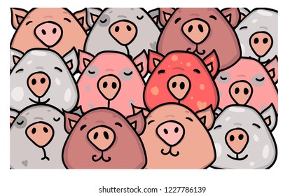 Cute celebrated baby pig blue, grey, pastel cartoon background pattern. Vector doodle comic art illustration,for birthday or Christmas card.