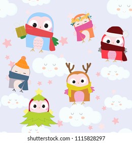 Cute celebrated owls seamless pattern cartoon