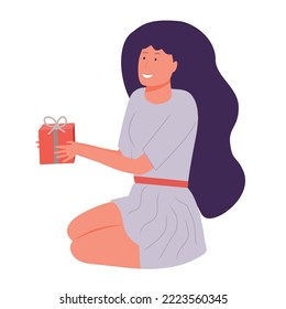 Cute celebrating woman with gift is sitting on the floor vector illustration