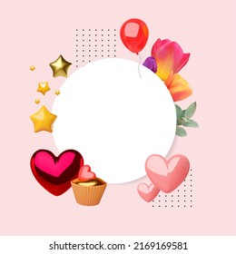 Cute celebrationn design template with glossy heart, tulip flowers, cake and stars. Birthday, Weddign, Valentine's background