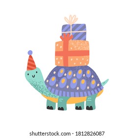 Cute celebratory turtle carrying gift box on tortoiseshell vector flat illustration. Tortoise in festive cone hat with present tied by ribbon isolated on white. Funny character for childish birthday