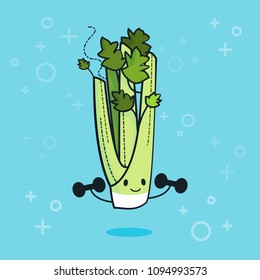 Cute celery cartoon character doing exercises with dumbbells. Eating healthy and fitness. Flat retro style concept illustration