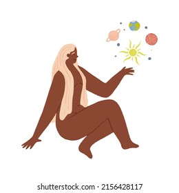 Cute celestial African American lady with pink hair holding a universe on her hand. Powerful woman, feminine energy concept. Symbolic female character. Vector isolated illustration.