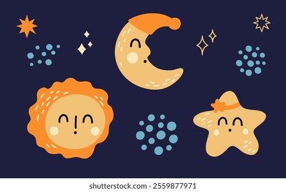 Cute celestial bodies: smiling sun, moon, and star in night sky.