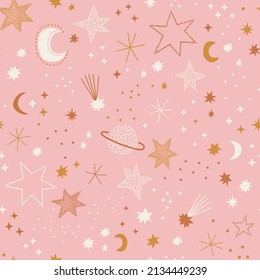 Cute celestial childish night sky space stars planets crescent vector seamless pattern. Boho baby universe delicate background. Soft colours universe surface design for kids fabric and nursery decor.