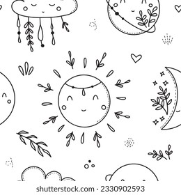 Cute celestial childish night sky space stars planets crescent vector seamless pattern. Boho baby universe delicate background. Soft colours universe surface design for kids fabric and nursery decor.