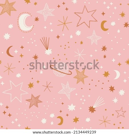 Cute celestial childish night sky space stars planets crescent vector seamless pattern. Boho baby universe delicate background. Soft colours universe surface design for kids fabric and nursery decor.