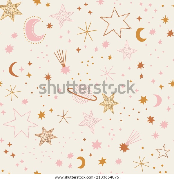 Cute celestial childish night sky space stars\
planets crescent vector seamless pattern. Boho baby universe\
delicate background. Soft colours universe surface design for kids\
fabric and nursery decor.