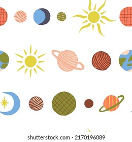 Cute Celestial, cosmic seamless pattern, space repeat. Universe, Solar system, fantasy planetary system with the Sun, Earth Planet, Jupiter and others. Vector illustration for textile, wallpaper etc