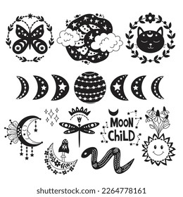 Cute celestial doodle collection. Black and white esoteric elements set in cartoon style. Hand drawn crescent, moon, cloud, cat, snake, sun, decorated with flowers. Isolated vector illustration