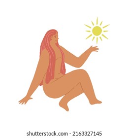 Cute Celestial Lady Holding A Sun On Her Hand. Powerful Woman, Feminine Energy Concept. Symbolic Female Character. Vector Isolated Illustration.